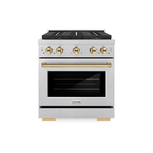 ZLINE Autograph Edition 30 in. 4.2 cu. ft. Paramount Dual Fuel Range with 4 Burner DuoPro™ Cooktop and Electric Convection Oven in Satin Stainless Steel and Polished Gold Accents, Open Box-Great Condition