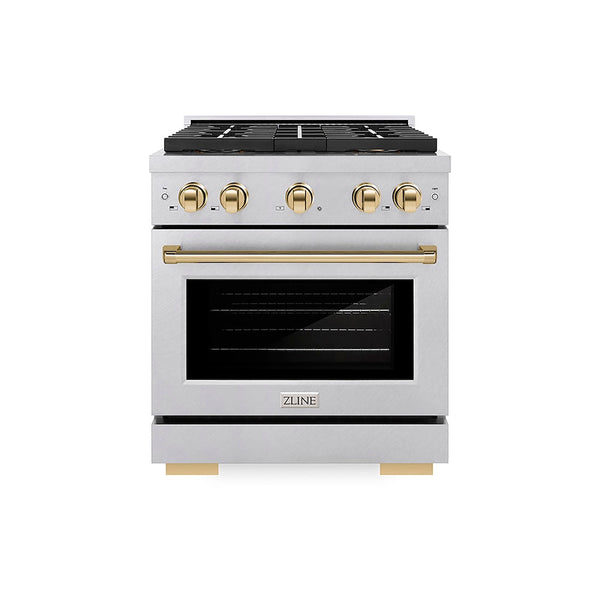 ZLINE Autograph Edition 30 in. 4.2 cu. ft. Paramount Dual Fuel Range with 4 Burner DuoPro™ Cooktop and Electric Convection Oven in Satin Stainless Steel and Polished Gold Accents, Open Box-Good Condition