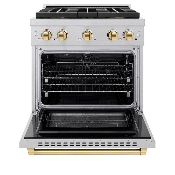 ZLINE Autograph Edition 30 in. 4.2 cu. ft. Paramount Dual Fuel Range with 4 Burner DuoPro™ Cooktop and Electric Convection Oven in Satin Stainless Steel and Polished Gold Accents, Open Box-Good Condition