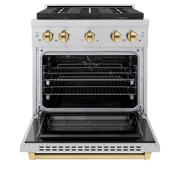 ZLINE Autograph Edition 30 in. 4.2 cu. ft. Paramount Dual Fuel Range with 4 Burner DuoPro™ Cooktop and Electric Convection Oven in Satin Stainless Steel and Polished Gold Accents, Open Box-Great Condition
