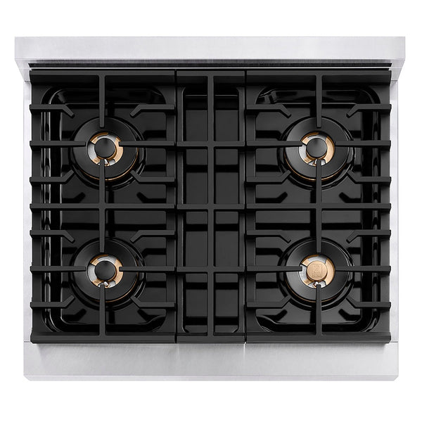 ZLINE Autograph Edition 30 in. 4.2 cu. ft. Paramount Dual Fuel Range with 4 Burner DuoPro™ Cooktop and Electric Convection Oven in Satin Stainless Steel and Polished Gold Accents, Open Box-Good Condition
