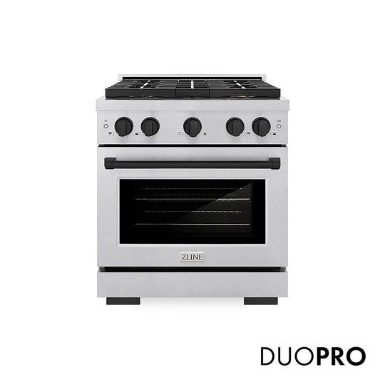 ZLINE Autograph Edition 30 in. 4.2 cu. ft. Paramount Dual Fuel Range with 4 Burner DuoPro™ Cooktop and Electric Convection Oven in Satin Stainless Steel and Matte Black Accents (PSDRSZ-30-MB)