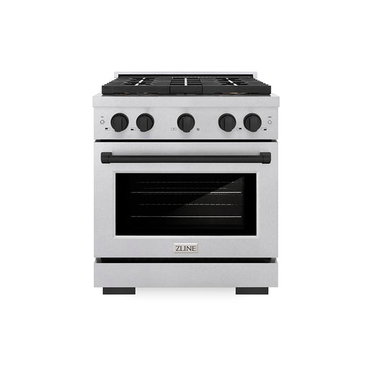 ZLINE Autograph Edition 30 in. 4.2 cu. ft. Paramount Dual Fuel Range with 4 Burner DuoPro™ Cooktop and Electric Convection Oven in Satin Stainless Steel and Matte Black Accents (PSDRSZ-30-MB)