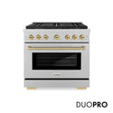 ZLINE Autograph Edition 36 in. 5.2 cu. ft. Paramount Dual Fuel Range with 6 Burner DuoPro™ Cooktop and Electric Convection Oven in Satin Stainless Steel and Champagne Bronze Accents, Open Box-Great Condition
