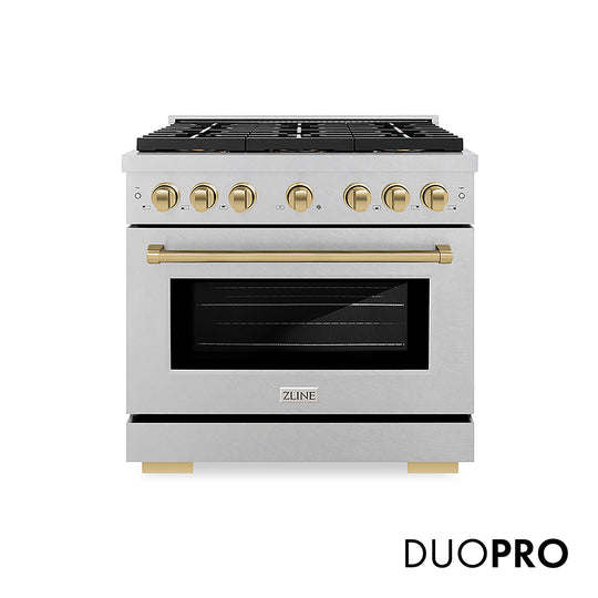 ZLINE Autograph Edition 36 in. 5.2 cu. ft. Paramount Dual Fuel Range with 6 Burner DuoPro™ Cooktop and Electric Convection Oven in Satin Stainless Steel and Champagne Bronze Accents, Open Box-Great Condition