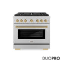 ZLINE Autograph Edition 36 in. 5.2 cu. ft. Paramount Dual Fuel Range with 6 Burner DuoPro™ Cooktop and Electric Convection Oven in Satin Stainless Steel and Champagne Bronze Accents, Open Box-Good Condition