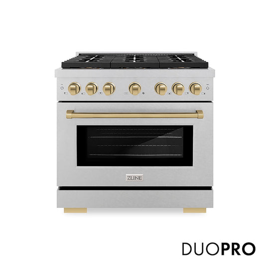 ZLINE Autograph Edition 36 in. 5.2 cu. ft. Paramount Dual Fuel Range with 6 Burner DuoPro™ Cooktop and Electric Convection Oven in Satin Stainless Steel and Champagne Bronze Accents, Open Box-Good Condition