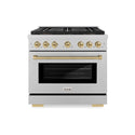 ZLINE Autograph Edition 36 in. 5.2 cu. ft. Paramount Dual Fuel Range with 6 Burner DuoPro™ Cooktop and Electric Convection Oven in Satin Stainless Steel and Champagne Bronze Accents, Open Box-Great Condition