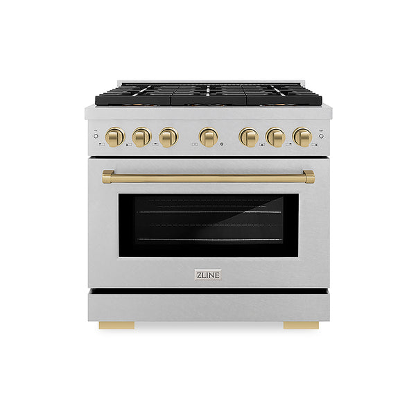 ZLINE Autograph Edition 36 in. 5.2 cu. ft. Paramount Dual Fuel Range with 6 Burner DuoPro™ Cooktop and Electric Convection Oven in Satin Stainless Steel and Champagne Bronze Accents, Open Box-Great Condition