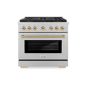 ZLINE Autograph Edition 36 in. 5.2 cu. ft. Paramount Dual Fuel Range with 6 Burner DuoPro™ Cooktop and Electric Convection Oven in Satin Stainless Steel and Champagne Bronze Accents, Open Box-Good Condition