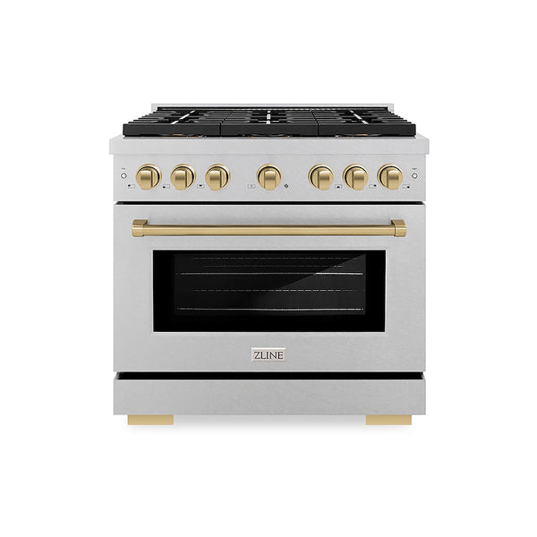 ZLINE Autograph Edition 36 in. 5.2 cu. ft. Paramount Dual Fuel Range with 6 Burner DuoPro™ Cooktop and Electric Convection Oven in Satin Stainless Steel and Champagne Bronze Accents, Open Box-Good Condition