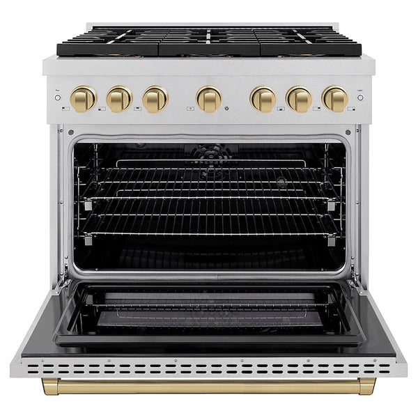 ZLINE Autograph Edition 36 in. 5.2 cu. ft. Paramount Dual Fuel Range with 6 Burner DuoPro™ Cooktop and Electric Convection Oven in Satin Stainless Steel and Champagne Bronze Accents, Open Box-Good Condition