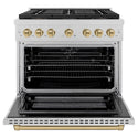 ZLINE Autograph Edition 36 in. 5.2 cu. ft. Paramount Dual Fuel Range with 6 Burner DuoPro™ Cooktop and Electric Convection Oven in Satin Stainless Steel and Champagne Bronze Accents, Open Box-Great Condition