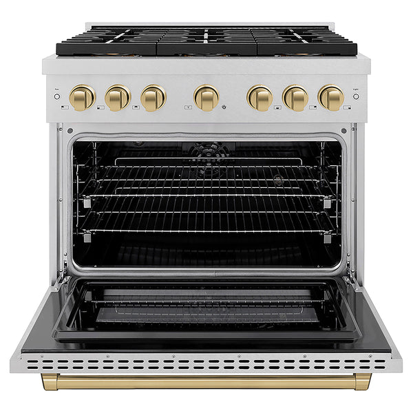 ZLINE Autograph Edition 36 in. 5.2 cu. ft. Paramount Dual Fuel Range with 6 Burner DuoPro™ Cooktop and Electric Convection Oven in Satin Stainless Steel and Champagne Bronze Accents, Open Box-Great Condition