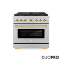 ZLINE Autograph Edition 36 in. 5.2 cu. ft. Paramount Dual Fuel Range with 6 Burner DuoPro™ Cooktop and Electric Convection Oven in Satin Stainless Steel and Polished Gold Accents, Open Box-Great Condition