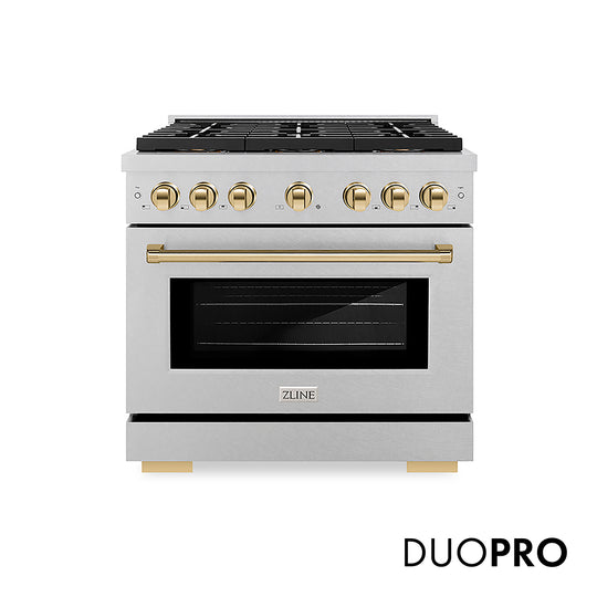 ZLINE Autograph Edition 36 in. 5.2 cu. ft. Paramount Dual Fuel Range with 6 Burner DuoPro™ Cooktop and Electric Convection Oven in Satin Stainless Steel and Polished Gold Accents, Open Box-Great Condition