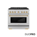 ZLINE Autograph Edition 36 in. 5.2 cu. ft. Paramount Dual Fuel Range with 6 Burner DuoPro™ Cooktop and Electric Convection Oven in Satin Stainless Steel and Polished Gold Accents, Open Box-Good Condition