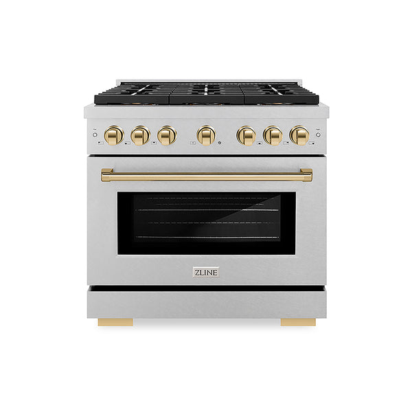 ZLINE Autograph Edition 36 in. 5.2 cu. ft. Paramount Dual Fuel Range with 6 Burner DuoPro™ Cooktop and Electric Convection Oven in Satin Stainless Steel and Polished Gold Accents, Open Box-Great Condition
