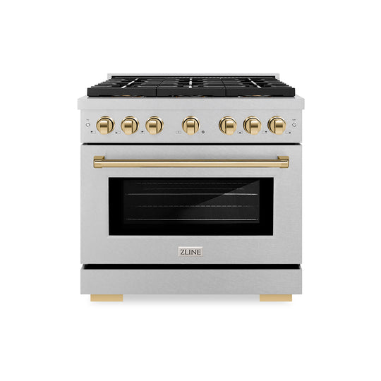 ZLINE Autograph Edition 36 in. 5.2 cu. ft. Paramount Dual Fuel Range with 6 Burner DuoPro™ Cooktop and Electric Convection Oven in Satin Stainless Steel and Polished Gold Accents (PSDRSZ-36-G)