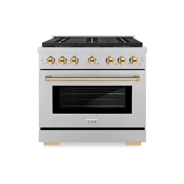 ZLINE Autograph Edition 36 in. 5.2 cu. ft. Paramount Dual Fuel Range with 6 Burner DuoPro™ Cooktop and Electric Convection Oven in Satin Stainless Steel and Polished Gold Accents, Open Box-Good Condition