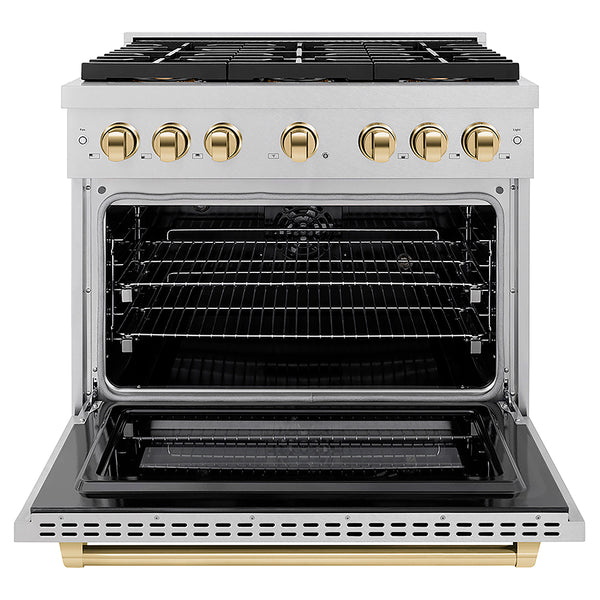 ZLINE Autograph Edition 36 in. 5.2 cu. ft. Paramount Dual Fuel Range with 6 Burner DuoPro™ Cooktop and Electric Convection Oven in Satin Stainless Steel and Polished Gold Accents, Open Box-Great Condition