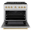 ZLINE Autograph Edition 36 in. 5.2 cu. ft. Paramount Dual Fuel Range with 6 Burner DuoPro™ Cooktop and Electric Convection Oven in Satin Stainless Steel and Polished Gold Accents, Open Box-Good Condition