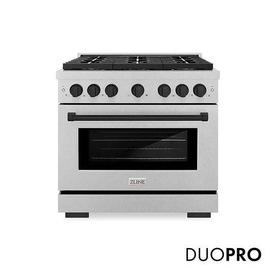 ZLINE Autograph Edition 36 in. 5.2 cu. ft. Paramount Dual Fuel Range with 6 Burner DuoPro™ Cooktop and Electric Convection Oven in Satin Stainless Steel and Matte Black Accents (PSDRSZ-36-MB)