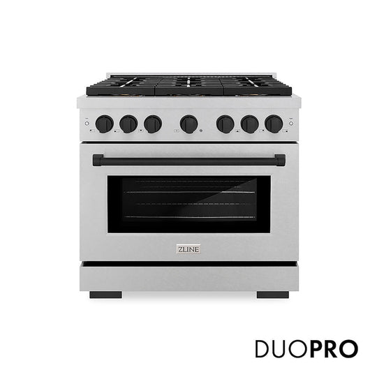 ZLINE Autograph Edition 36 in. 5.2 cu. ft. Paramount Dual Fuel Range with 6 Burner DuoPro™ Cooktop and Electric Convection Oven in Satin Stainless Steel and Matte Black Accents, Open Box-Good Condition
