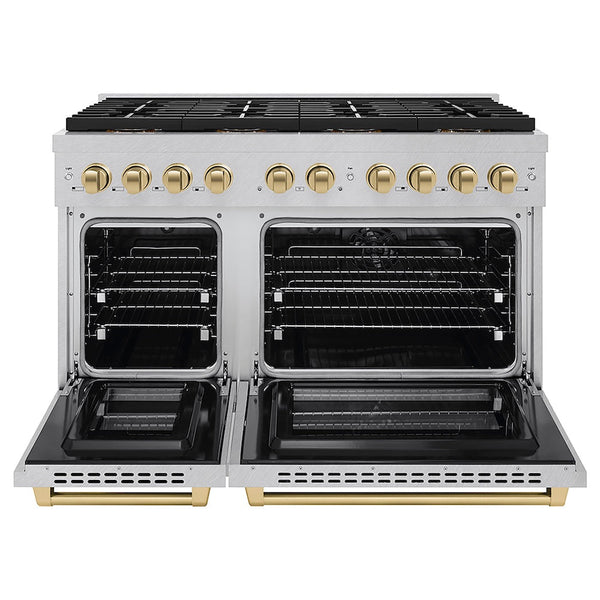 ZLINE Autograph Edition 48 in. 6.7 cu. ft. Paramount Dual Fuel Range with 8 Burner DuoPro™ Cooktop and Dual Ovens in Satin Stainless Steel and Polished Gold Accents, Open Box-Good Condition