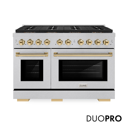 ZLINE Autograph Edition 48 in. 6.7 cu. ft. Paramount Dual Fuel Range with 8 Burner DuoPro™ Cooktop and Dual Ovens in Satin Stainless Steel and Polished Gold Accents, Open Box-Great Condition