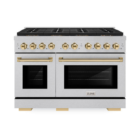 ZLINE Autograph Edition 48 in. 6.7 cu. ft. Paramount Dual Fuel Range with 8 Burner DuoPro™ Cooktop and Dual Ovens in Satin Stainless Steel and Polished Gold Accents (PSDRSZ-48-G)