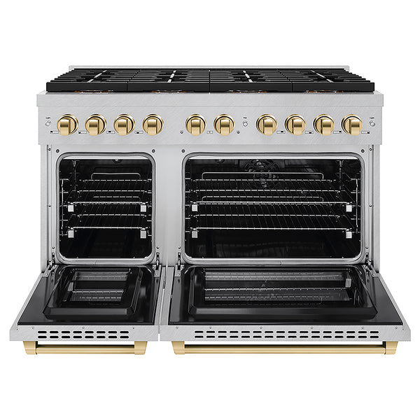 ZLINE Autograph Edition 48 in. 6.7 cu. ft. Paramount Dual Fuel Range with 8 Burner DuoPro™ Cooktop and Dual Ovens in Satin Stainless Steel and Polished Gold Accents, Open Box-Great Condition