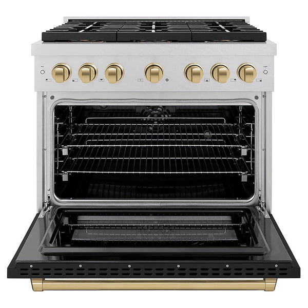 ZLINE Autograph Edition 36 in. 5.2 cu. ft. Paramount Dual Fuel Range with 6 Burner DuoPro™ Cooktop and Electric Convection Oven in Satin Stainless Steel with Black Matte Door and Champagne Bronze Accents, Open Box-Good Condition