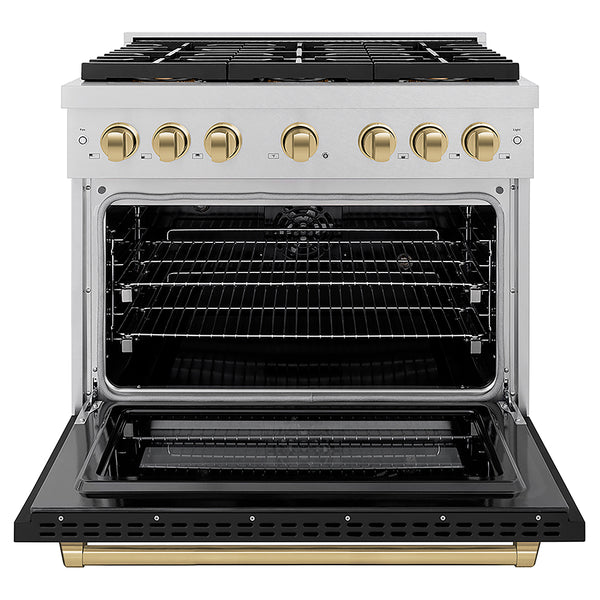 ZLINE Autograph Edition 36 in. 5.2 cu. ft. Paramount Dual Fuel Range with 6 Burner DuoPro™ Cooktop and Electric Convection Oven in Satin Stainless Steel with Black Matte Door and Champagne Bronze Accents, Open Box-Great Condition