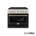 ZLINE Autograph Edition 36 in. 5.2 cu. ft. Paramount Dual Fuel Range with 6 Burner DuoPro™ Cooktop and Electric Convection Oven in Satin Stainless Steel with Black Matte Door and Polished Gold Accents (PSDRSZ-BLM36-G)