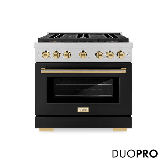 ZLINE Autograph Edition 36 in. 5.2 cu. ft. Paramount Dual Fuel Range with 6 Burner DuoPro™ Cooktop and Electric Convection Oven in Satin Stainless Steel with Black Matte Door and Polished Gold Accents, Open Box-Great Condition