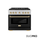 ZLINE Autograph Edition 36 in. 5.2 cu. ft. Paramount Dual Fuel Range with 6 Burner DuoPro™ Cooktop and Electric Convection Oven in Satin Stainless Steel with Black Matte Door and Polished Gold Accents, Open Box-Good Condition
