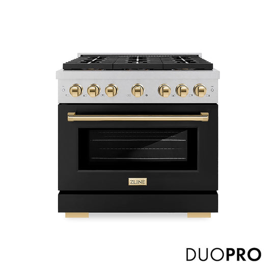 ZLINE Autograph Edition 36 in. 5.2 cu. ft. Paramount Dual Fuel Range with 6 Burner DuoPro™ Cooktop and Electric Convection Oven in Satin Stainless Steel with Black Matte Door and Polished Gold Accents, Open Box-Good Condition