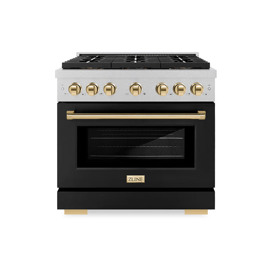 ZLINE Autograph Edition 36 in. 5.2 cu. ft. Paramount Dual Fuel Range with 6 Burner DuoPro™ Cooktop and Electric Convection Oven in Satin Stainless Steel with Black Matte Door and Polished Gold Accents (PSDRSZ-BLM36-G)