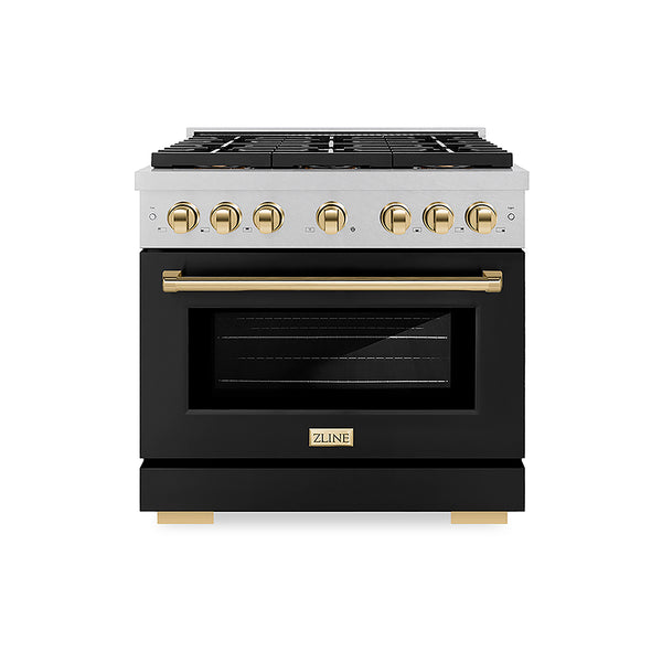 ZLINE Autograph Edition 36 in. 5.2 cu. ft. Paramount Dual Fuel Range with 6 Burner DuoPro™ Cooktop and Electric Convection Oven in Satin Stainless Steel with Black Matte Door and Polished Gold Accents, Open Box-Great Condition
