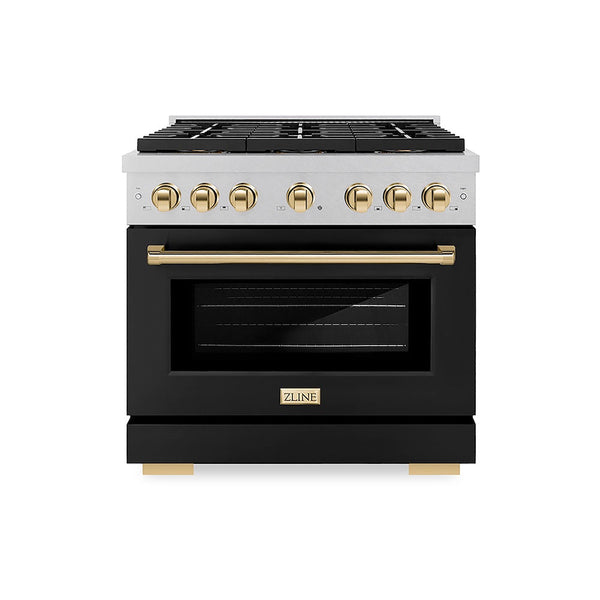 ZLINE Autograph Edition 36 in. 5.2 cu. ft. Paramount Dual Fuel Range with 6 Burner DuoPro™ Cooktop and Electric Convection Oven in Satin Stainless Steel with Black Matte Door and Polished Gold Accents, Open Box-Good Condition