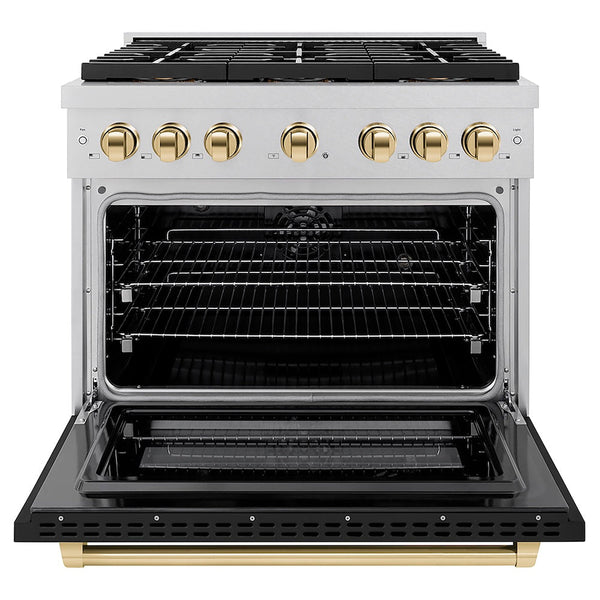 ZLINE Autograph Edition 36 in. 5.2 cu. ft. Paramount Dual Fuel Range with 6 Burner DuoPro™ Cooktop and Electric Convection Oven in Satin Stainless Steel with Black Matte Door and Polished Gold Accents, Open Box-Good Condition
