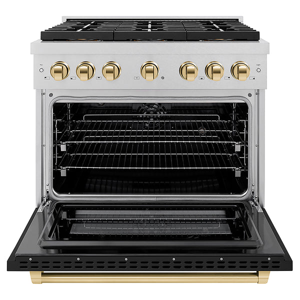 ZLINE Autograph Edition 36 in. 5.2 cu. ft. Paramount Dual Fuel Range with 6 Burner DuoPro™ Cooktop and Electric Convection Oven in Satin Stainless Steel with Black Matte Door and Polished Gold Accents, Open Box-Great Condition