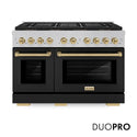 ZLINE Autograph Edition 48 in. 6.7 cu. ft. Paramount Dual Fuel Range with 8 Burner DuoPro™ Cooktop and Dual Ovens in Satin Stainless Steel with Black Matte Doors and Champagne Bronze Accents, Open Box-Good Condition