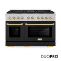 ZLINE Autograph Edition 48 in. 6.7 cu. ft. Paramount Dual Fuel Range with 8 Burner DuoPro™ Cooktop and Dual Ovens in Satin Stainless Steel with Black Matte Doors and Polished Gold Accents, Open Box-Good Condition