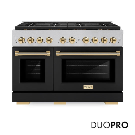 ZLINE Autograph Edition 48 in. 6.7 cu. ft. Paramount Dual Fuel Range with 8 Burner DuoPro™ Cooktop and Dual Ovens in Satin Stainless Steel with Black Matte Doors and Polished Gold Accents, Open Box-Good Condition