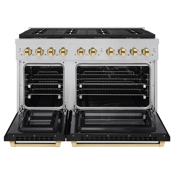 ZLINE Autograph Edition 48 in. 6.7 cu. ft. Paramount Dual Fuel Range with 8 Burner DuoPro™ Cooktop and Dual Ovens in Satin Stainless Steel with Black Matte Doors and Polished Gold Accents, Open Box-Great Condition