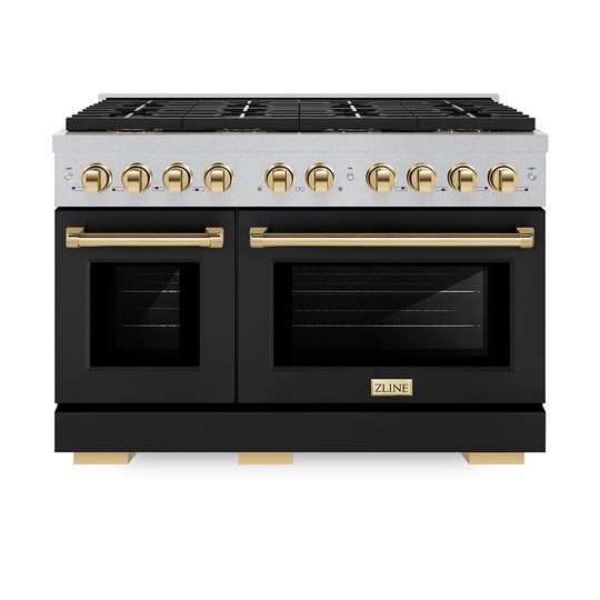 ZLINE Autograph Edition 48 in. 6.7 cu. ft. Paramount Dual Fuel Range with 8 Burner DuoPro™ Cooktop and Dual Ovens in Satin Stainless Steel with Black Matte Doors and Polished Gold Accents (PSDRSZ-BLM48-G)