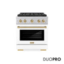 ZLINE Autograph Edition 30 in. 4.2 cu. ft. Paramount Dual Fuel Range with 4 Burner DuoPro™ Cooktop and Electric Convection Oven in Satin Stainless Steel with White Matte Door and Champagne Bronze Accents, Open Box-Good Condition