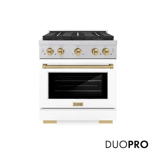 ZLINE Autograph Edition 30 in. 4.2 cu. ft. Paramount Dual Fuel Range with 4 Burner DuoPro™ Cooktop and Electric Convection Oven in Satin Stainless Steel with White Matte Door and Champagne Bronze Accents, Open Box-Good Condition